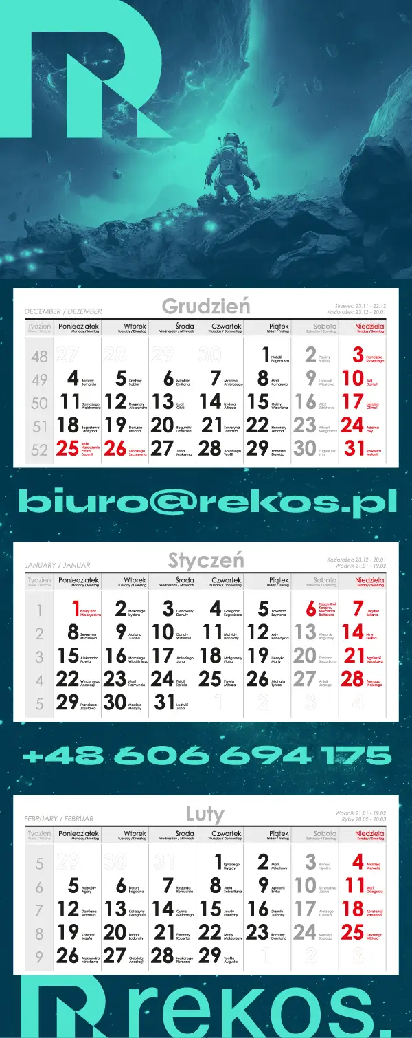 Projekt kalendarza trójdzielnego z wypukłą główką wykonany przez naszą agencję z Ostrowa Wlkp.