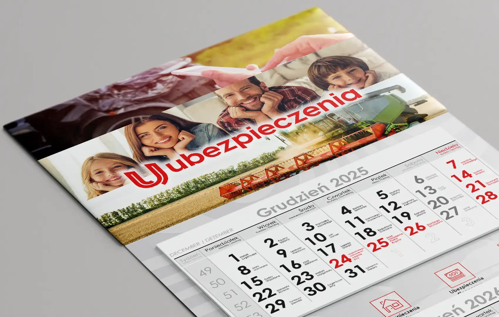 Kalendarz trójdzielny agencji ubezpieczeniowej z Ostrowa Wielkopolskiego z logo i hasłem ubezpiecz cały swój świat
