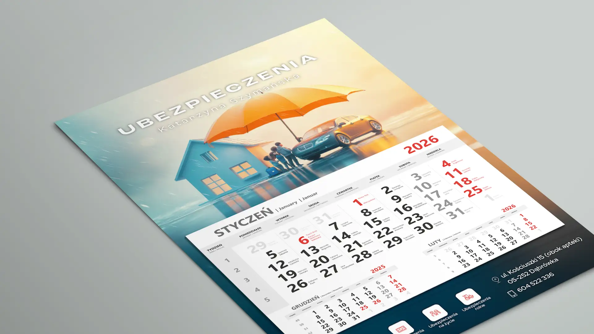 Projekt firmowego kalendarza jednodzielnego dla agencji ubezpieczeniowej