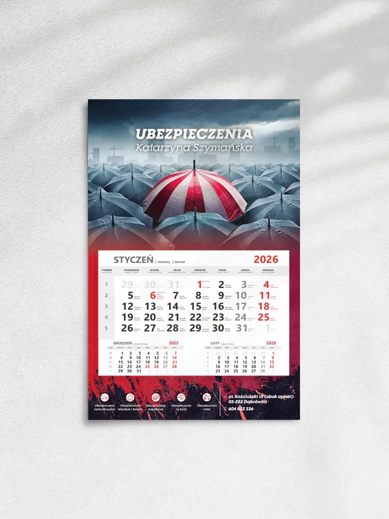 Projekt kalendarza jednodzielnego na ścianę z widocznym numerem telefonu i adresem agencji w Dąbrówce