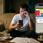 Zmęczony użytkownik przeglądający stronę internetową na telefonie