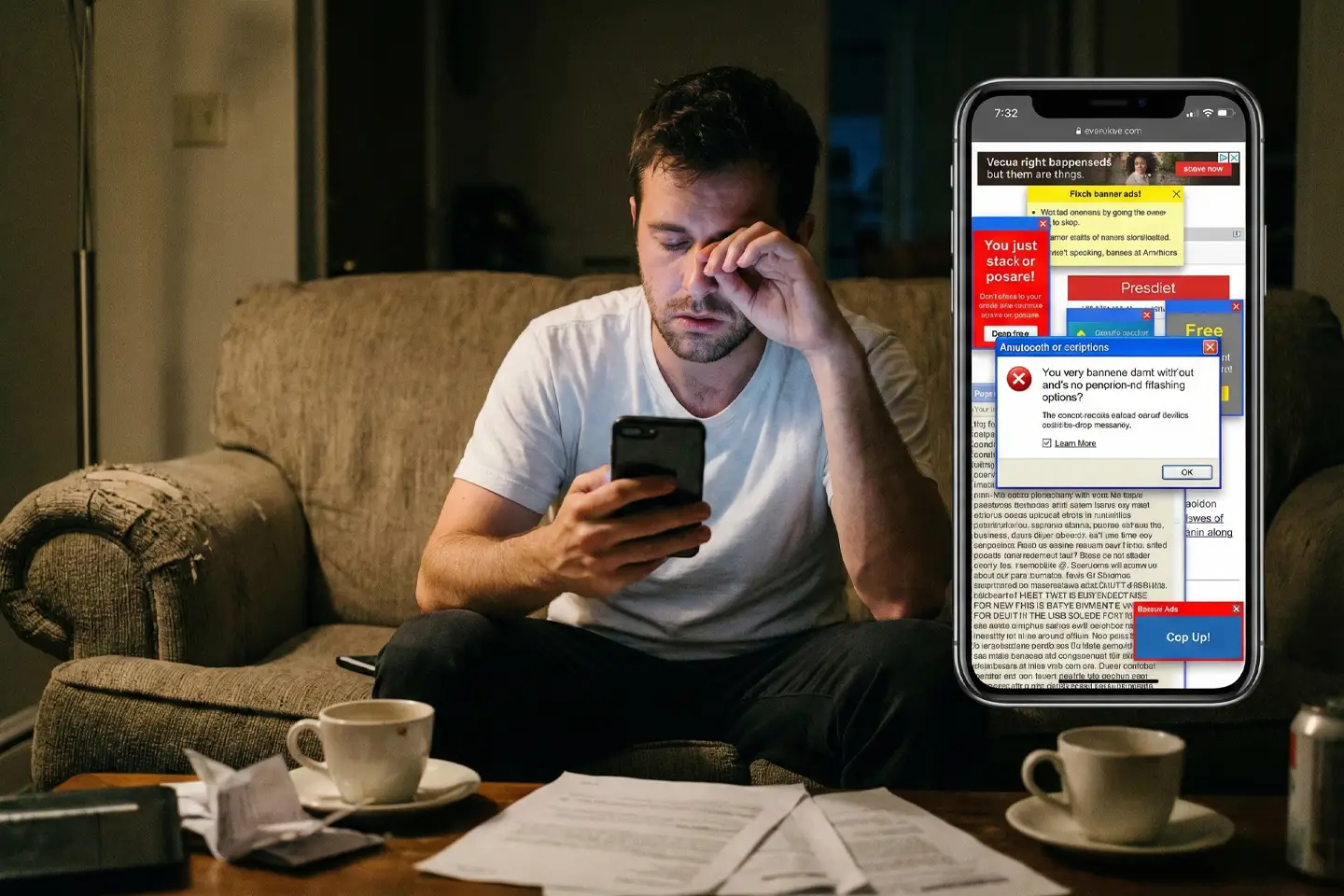 Zmęczony użytkownik przeglądający stronę internetową na telefonie