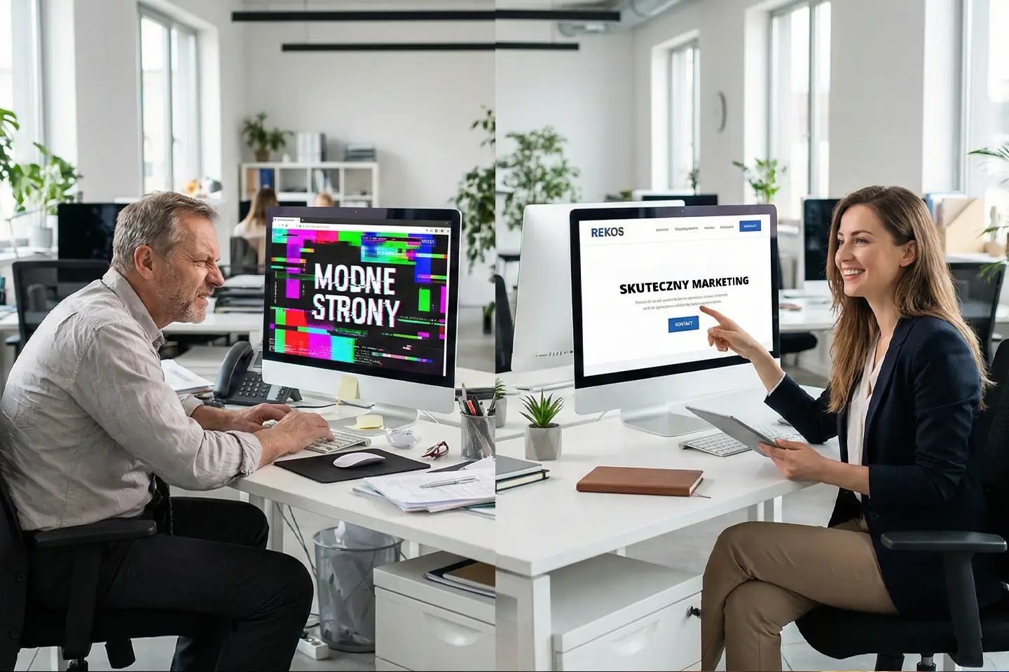 Porównanie strony nowoczesnej i funkcjonalnej ze stroną zbyt przeładowaną trendami.