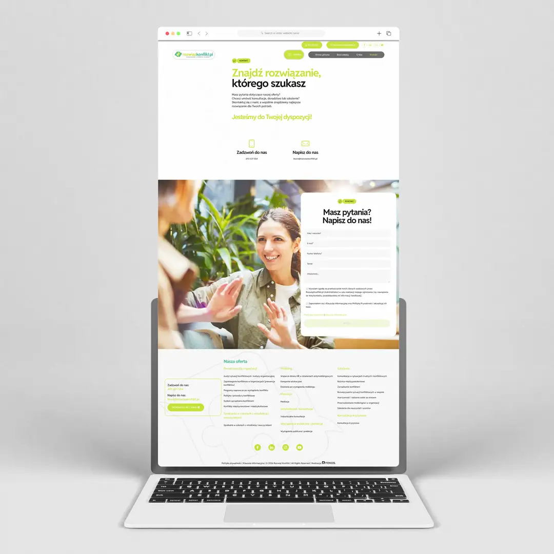 Intuicyjny formularz kontaktowy i zoptymalizowana stopka nawigacyjna na nowoczesnej stronie www