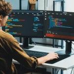 Programista pracujący nad kodem strony internetowej na dwóch monitorach. Wykorzystanie sztucznej inteligencji i asystentów AI w web developmencie.