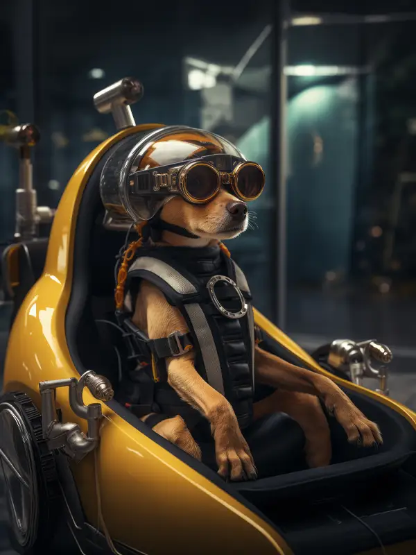 Grafika dekoracyjna REKOS — piesek w goglach pilota siedzący w żółtym pojeździe kosmicznym