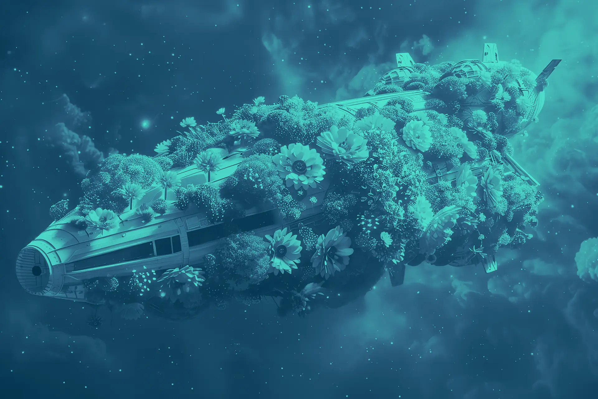 Grafika dekoracyjna REKOS — statek kosmiczny w kwiatach