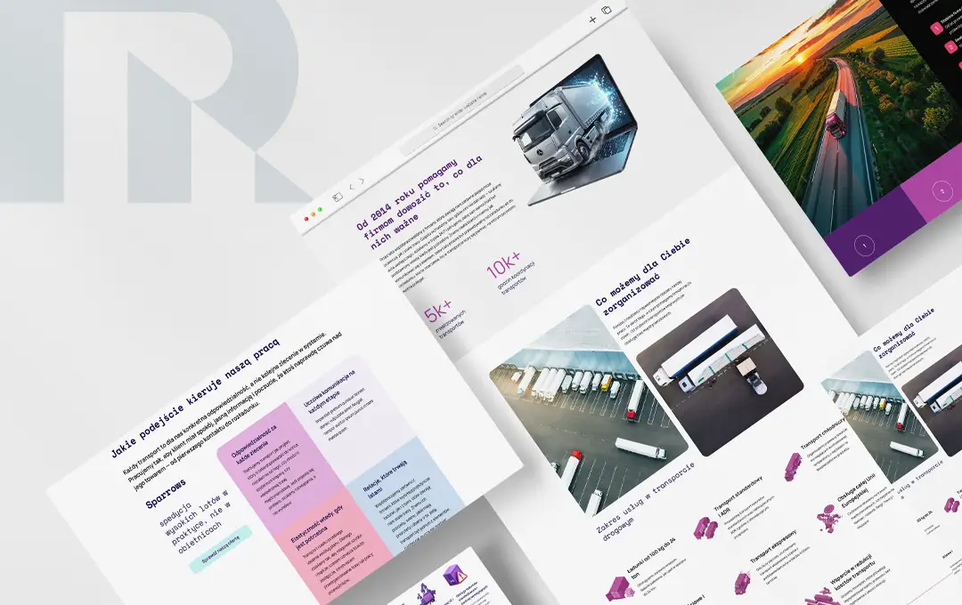 Przegląd najważniejszych sekcji nowoczesnej strony www dla transportu i logistyki z widoczną ofertą usług