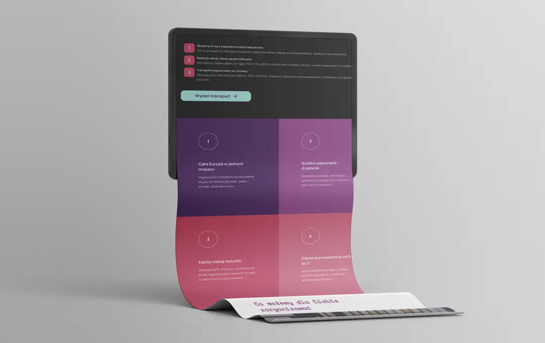 Widok mobilny strony internetowej dla spedycji prezentujący jasny proces realizacji zleceń transportowych krok po kroku