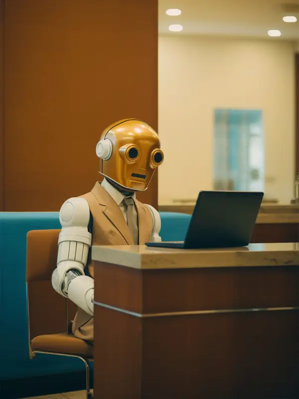 Robot REKOS przy laptopie — usługi online dla firm z Ostrowa Wielkopolskiego