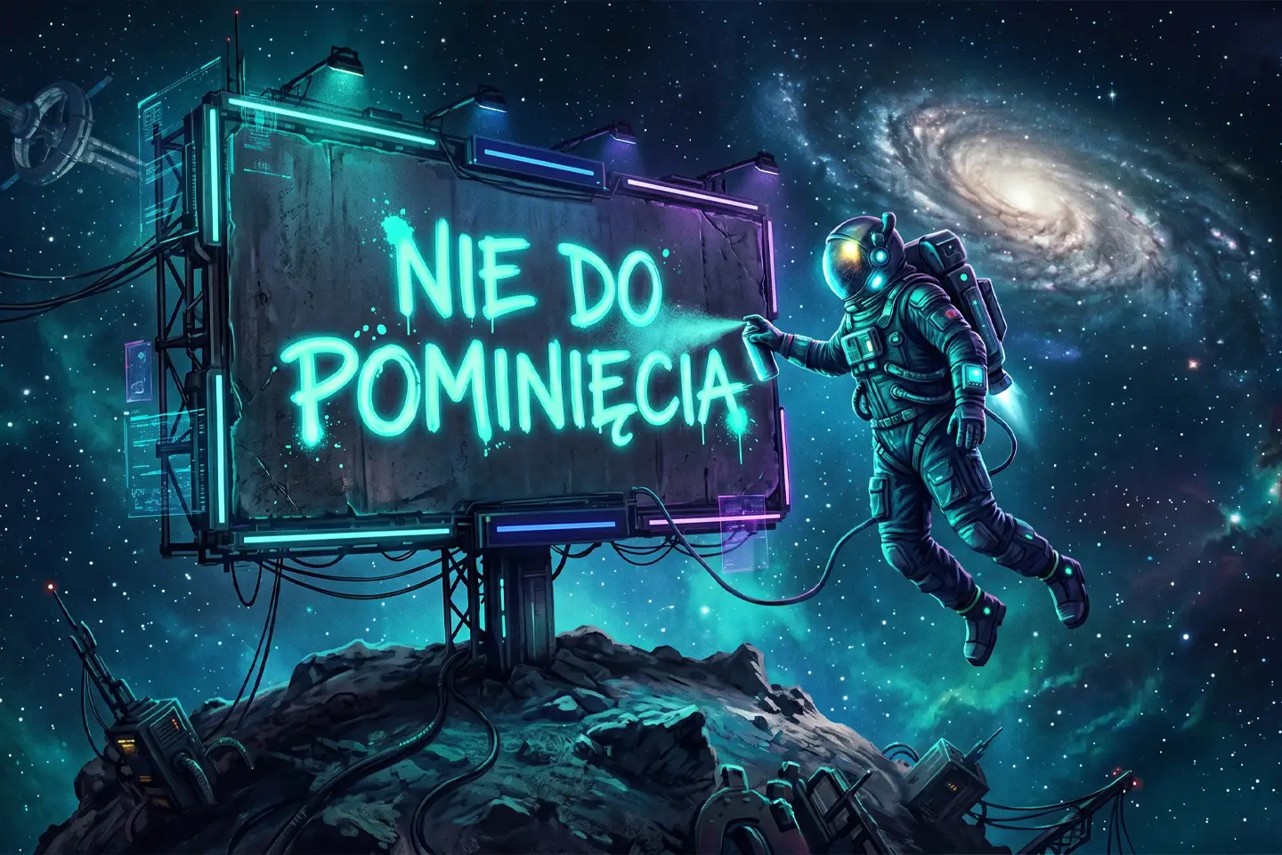 Astronauta piszący slogan NIE DO POMINIĘCIA na billboardzie