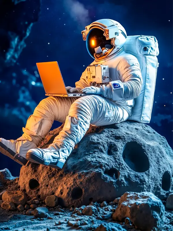 Astronauta piszący na laptopie na powierzchni księżyca — prowadzenie bloga firmowego w Agencji REKOS