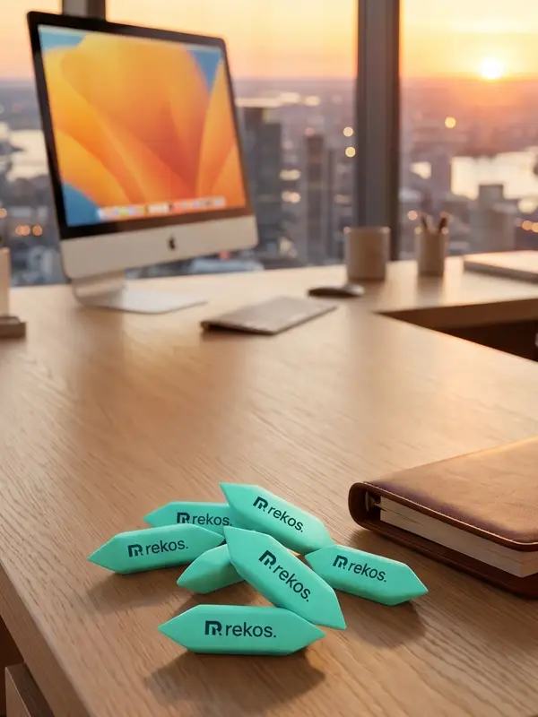 Personalizowane krówki reklamowe z nadrukiem logo rozłożone na biurku w biurze — krówki jako upominek dla klientów i partnerów biznesowych