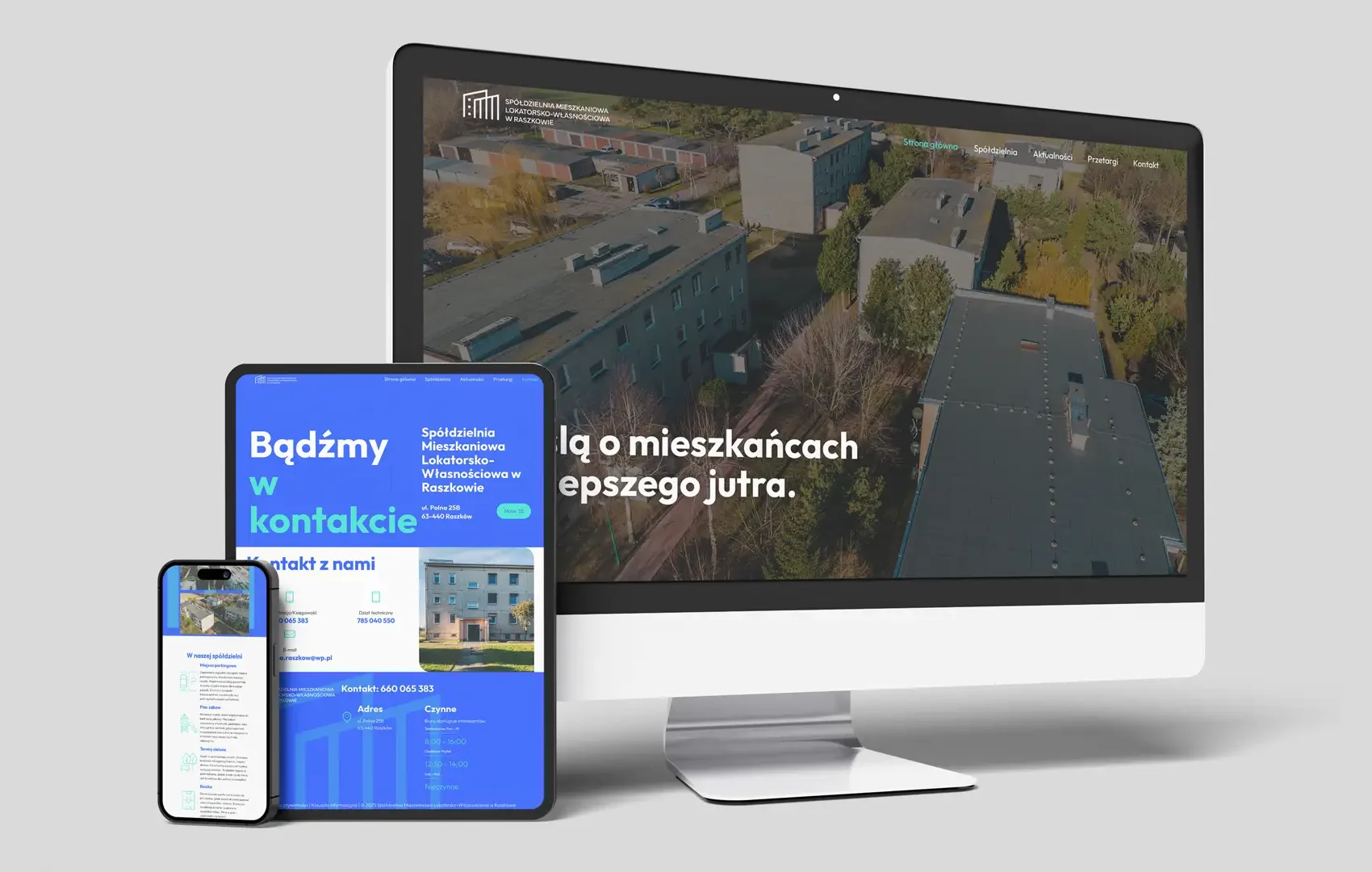 Strona internetowa spółdzielni mieszkaniowej w Raszkowie wyświetlona na komputerze, tablecie i telefonie