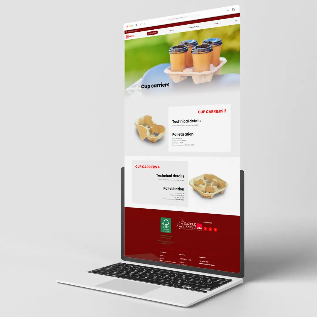 Podstrony produktów, nowego produktu i o firmie na stronie producenta opakowań papierowych
