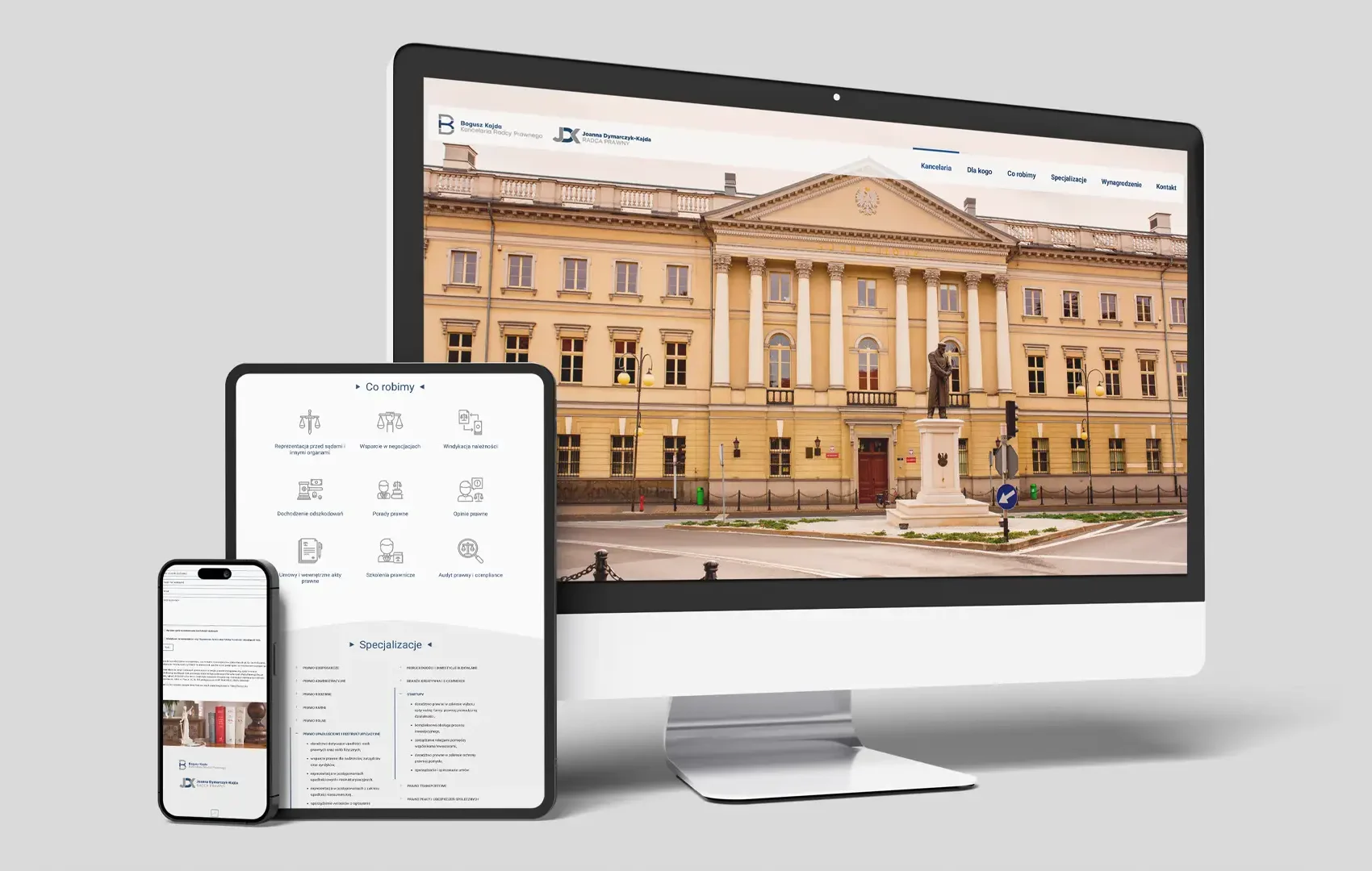 Responsywna strona internetowa kancelarii prawnej z Kalisza na komputerze, tablecie i telefonie