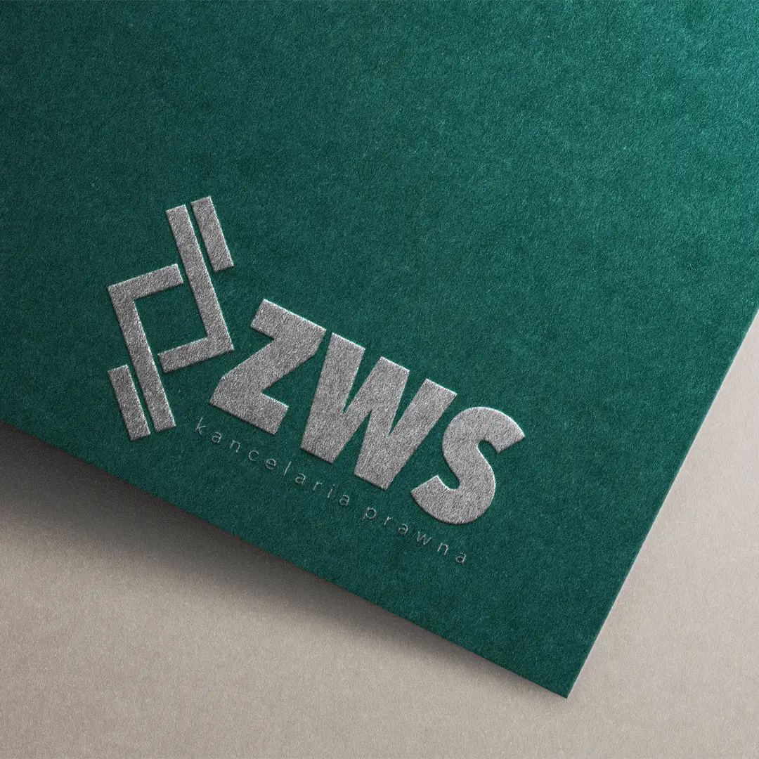Srebrne tłoczenie logo ZWS na zielonym papierze, projekt znaku dla kancelarii prawnej