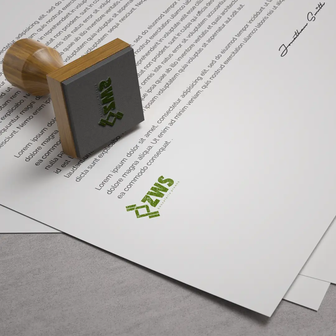 Zielona pieczątka firmowa i papier firmowy z logo kancelarii prawnej ZWS