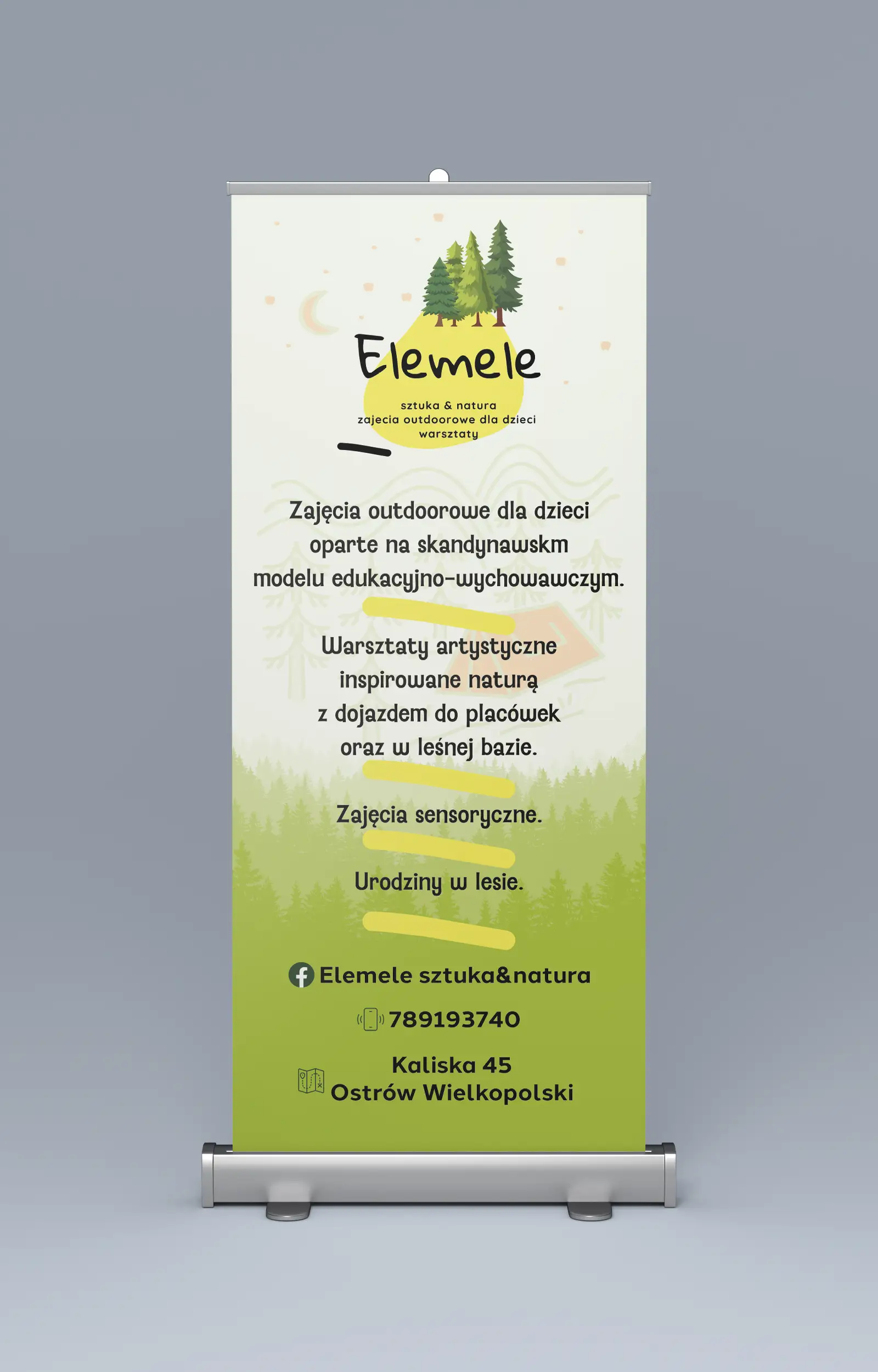 Roll-up 85x200 cm dla Elemele z ofertą zajęć outdoorowych i warsztatów dla dzieci w lesie.