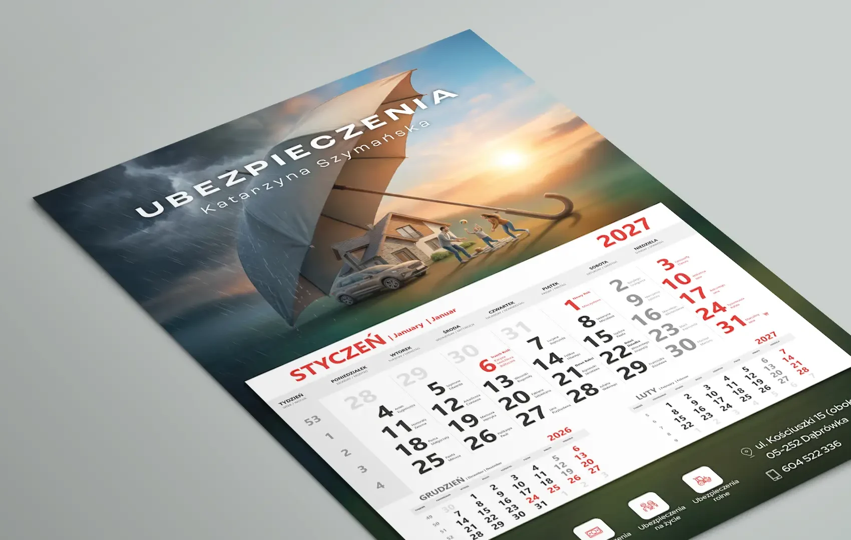 Kalendarz jednodzielny na 2027 rok dla agencji ubezpieczeniowej Katarzyny Szymańskiej z Dąbrówki — grafika z parasolem chroniącym rodzinę