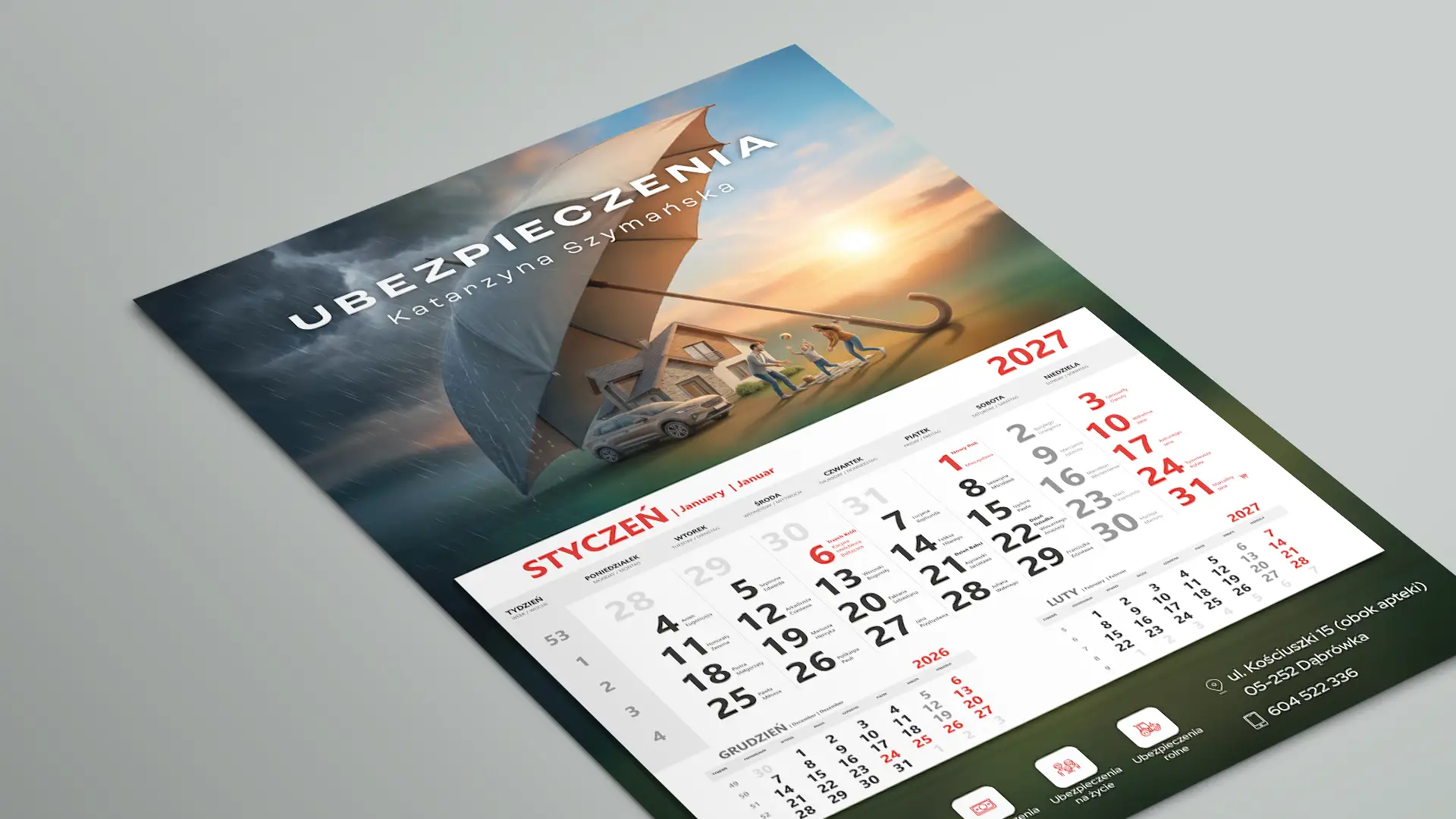 Kalendarz jednodzielny na 2027 rok dla agencji ubezpieczeniowej Katarzyny Szymańskiej z Dąbrówki — grafika z parasolem chroniącym rodzinę