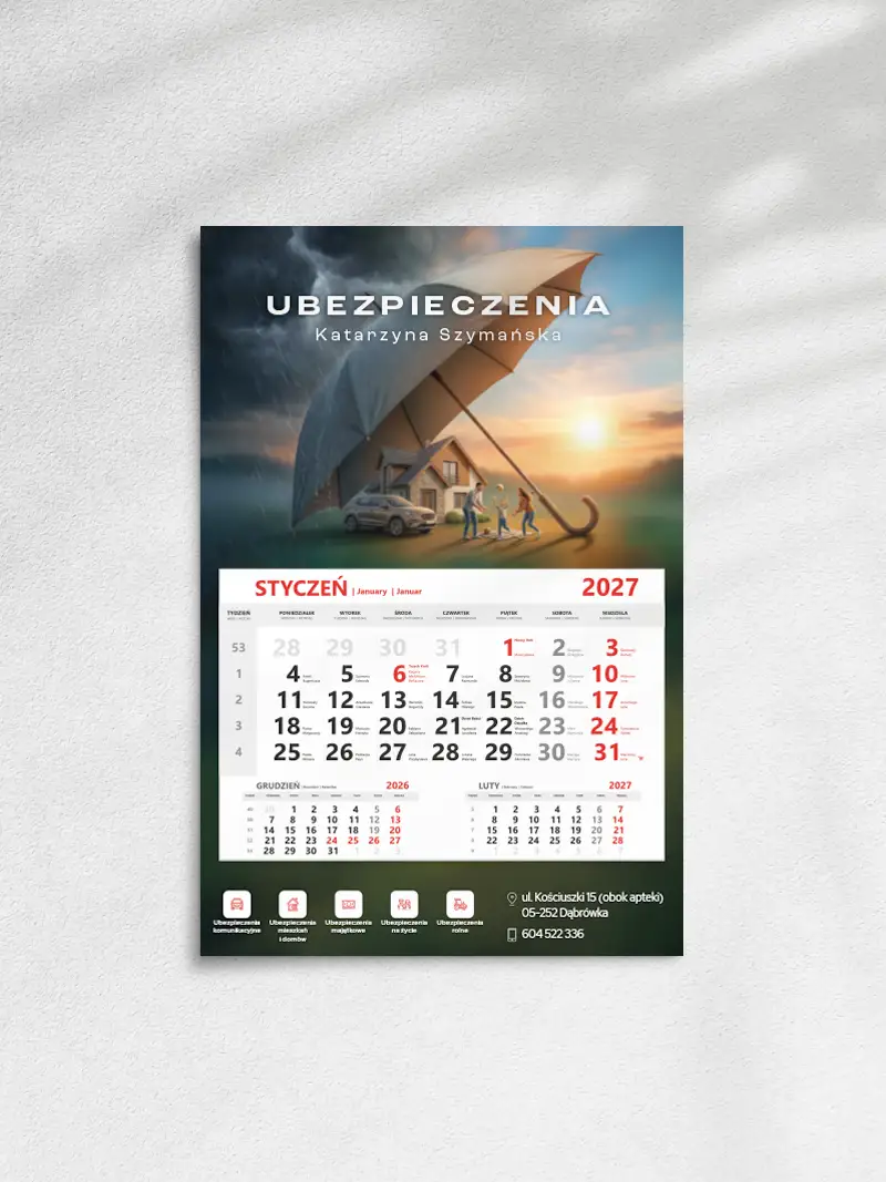 Projekt kalendarza jednodzielnego 2027 z kalendarium i danymi kontaktowymi agencji ubezpieczeniowej z Dąbrówki