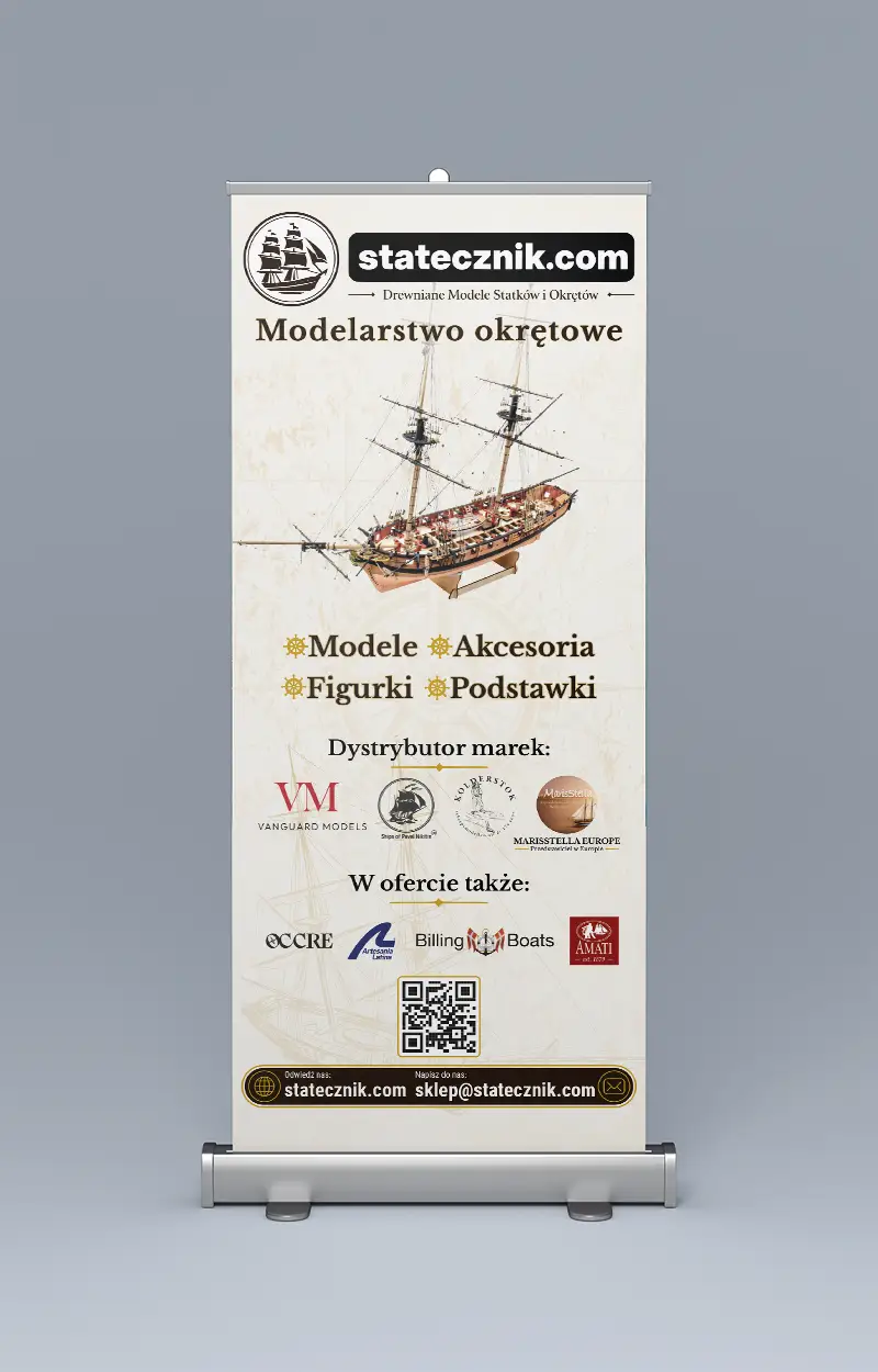 Roll-up 85x200 cm dla sklepu Statecznik.com z grafiką żaglowca i logotypami dystrybuowanych marek modelarskich.