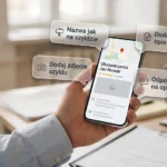 Agent ubezpieczeniowy sprawdza wizytówkę Google swojej agencji na telefonie
