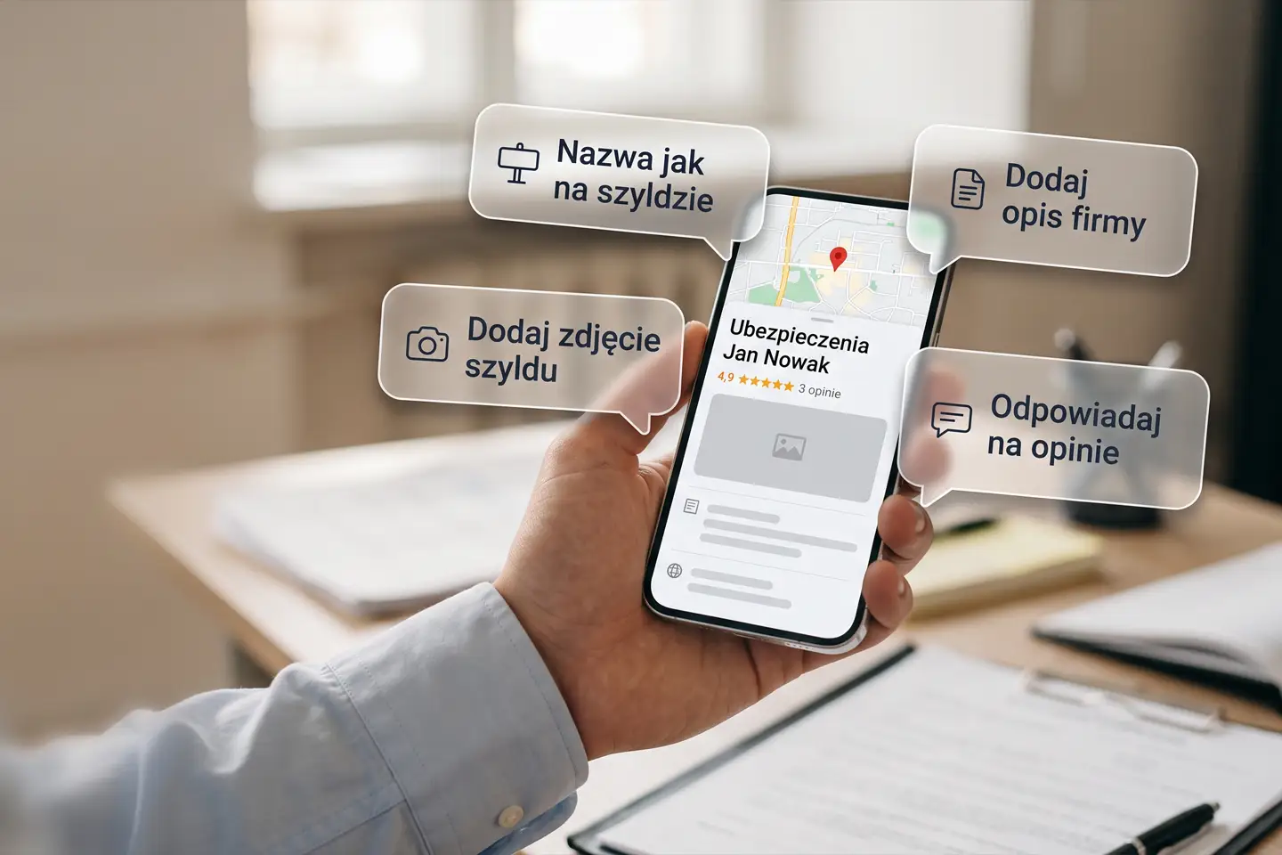 Agent ubezpieczeniowy sprawdza wizytówkę Google swojej agencji na telefonie